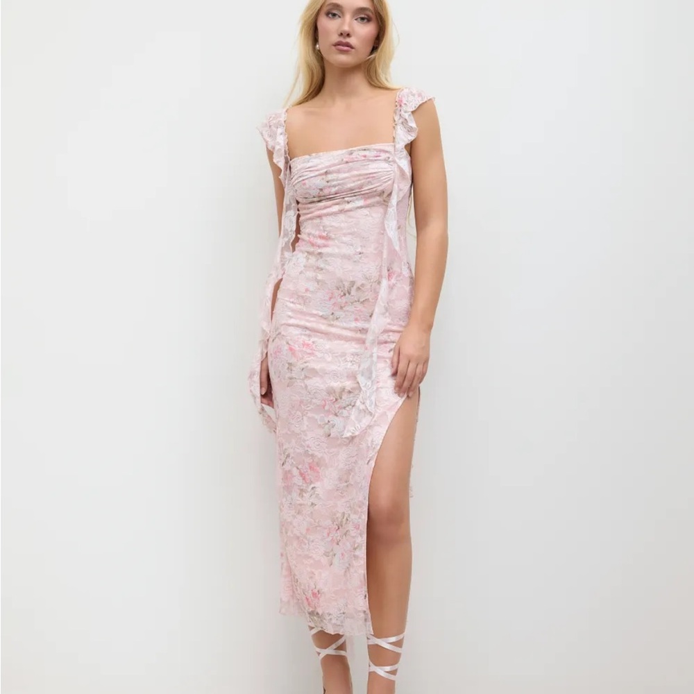 LACE FLORAL RUFFLE HEM SPLIT MAXI DRESS - Picture 4 of 7